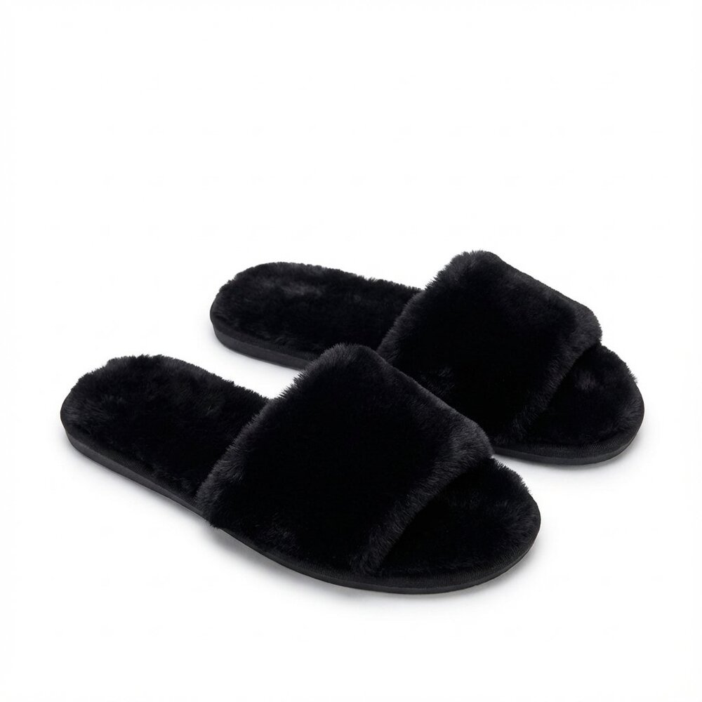 INC Faux Fur Slide Sandal Slipper Black